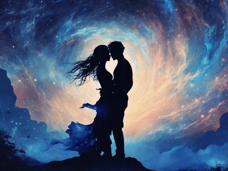 Stylised image of woman and man embracing against the backdrop of the cosmos.